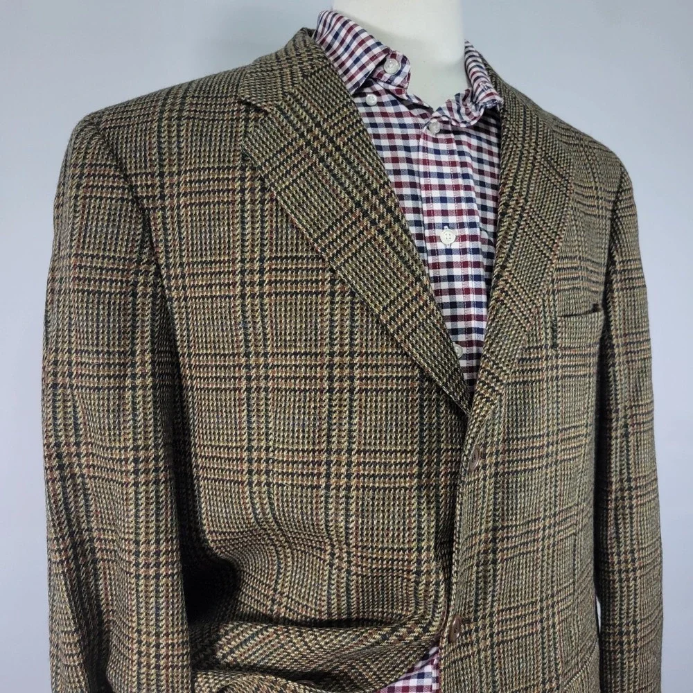 Bill Blass Laine Men's Sport Coat Blazer Three‎ Button Brown Plaid Wool Size 44L
